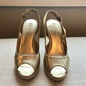 Lily Pulitzer Kristin Gold metallic leather wedges